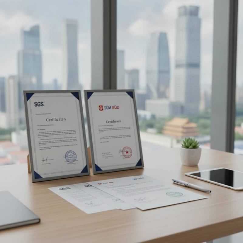 SGS and TUV certification documents on a desk