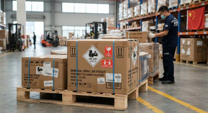 International shipping boxes with battery warning labels