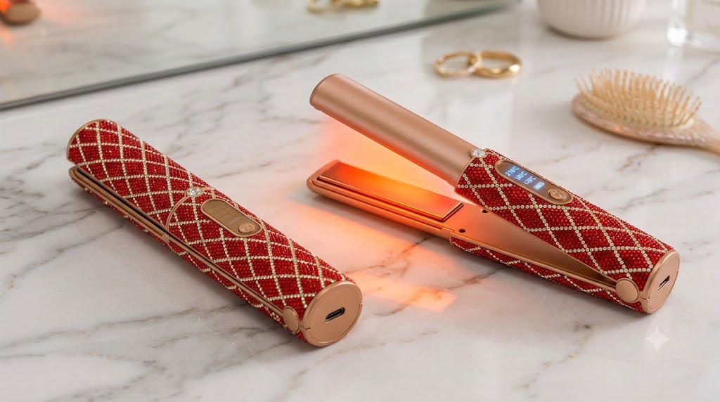 Professional cordless hair straightener on a marble surface with glowing heat plates