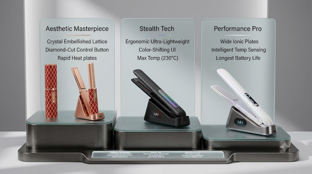 Comparison of three different cordless hair straighteners on a sleek display stand.