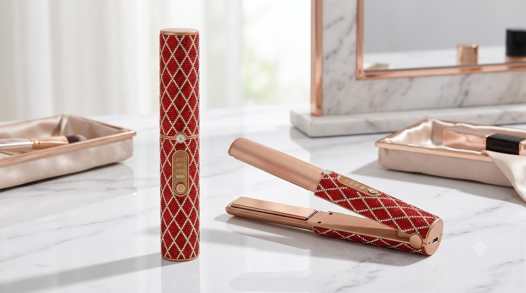 Professional cordless hair straightener on a sleek white marble background