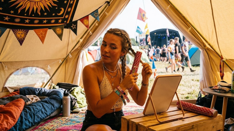A woman styling her hair in a tent at a summer festival using a cordless iron