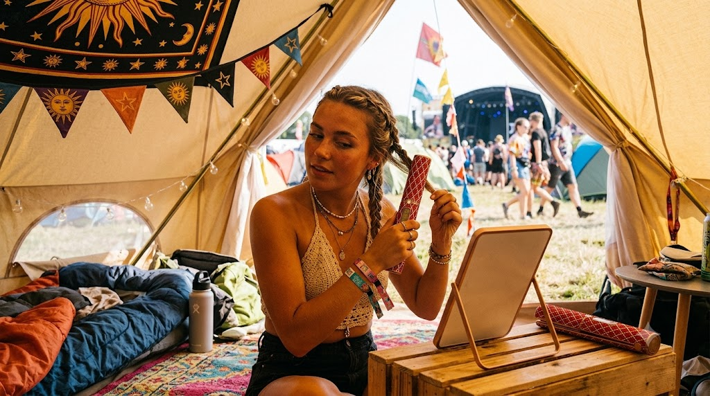 A woman styling her hair in a tent at a summer festival using a cordless iron