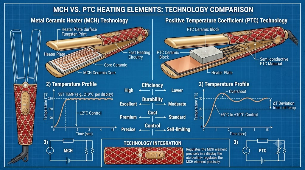 Technical diagram of MCH heating element vs PTC