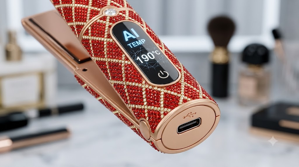 Close up of a cordless hair straightener with digital AI temperature display and USB-C port