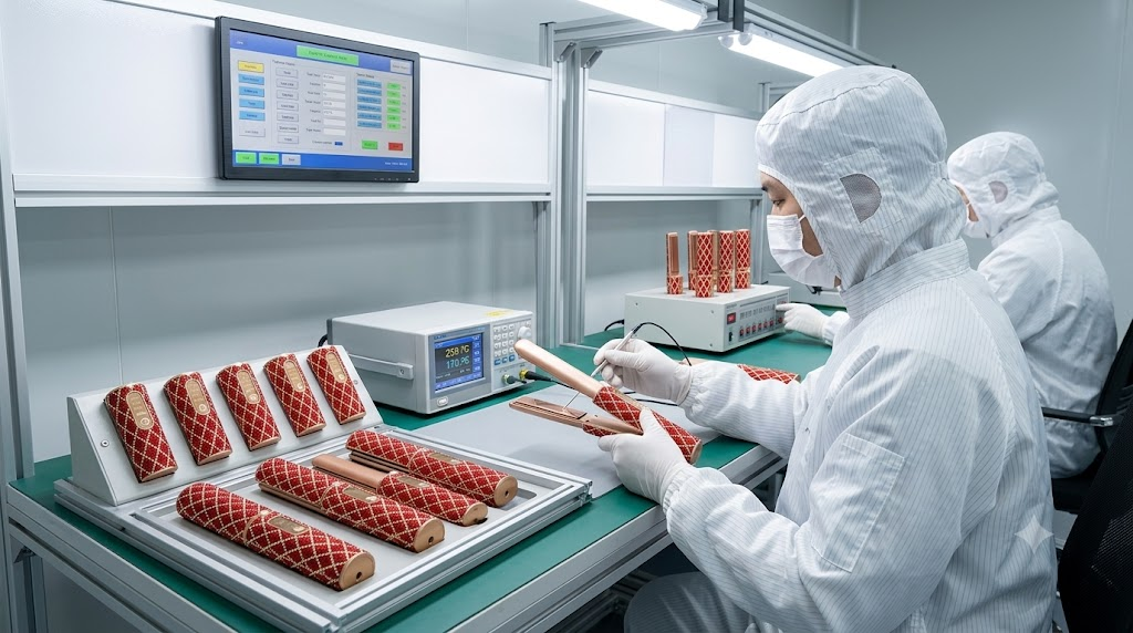 A worker in a clean room testing cordless hair straighteners for quality control.