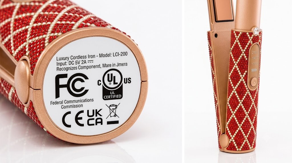 FCC and UL certification marks on a product label