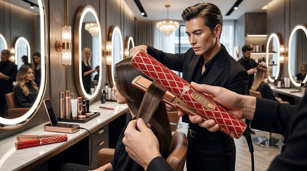 A professional hair stylist using a high-end cordless straightener