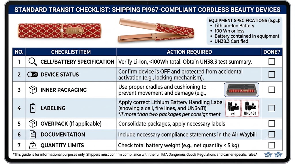 Standard transit checklist for shipping PI967-compliant cordless beauty devices.