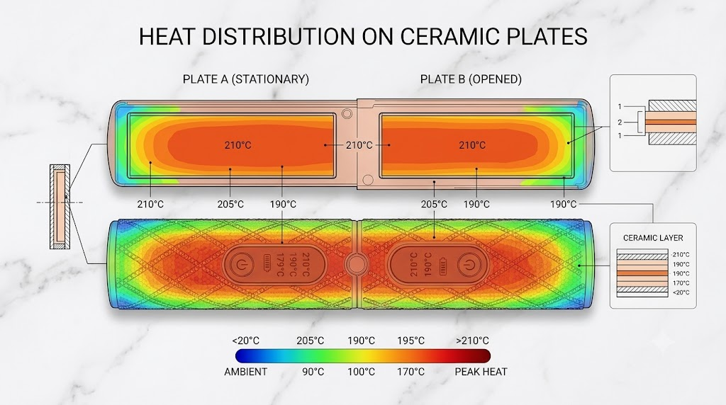 Technical diagram showing heat distribution on ceramic plates