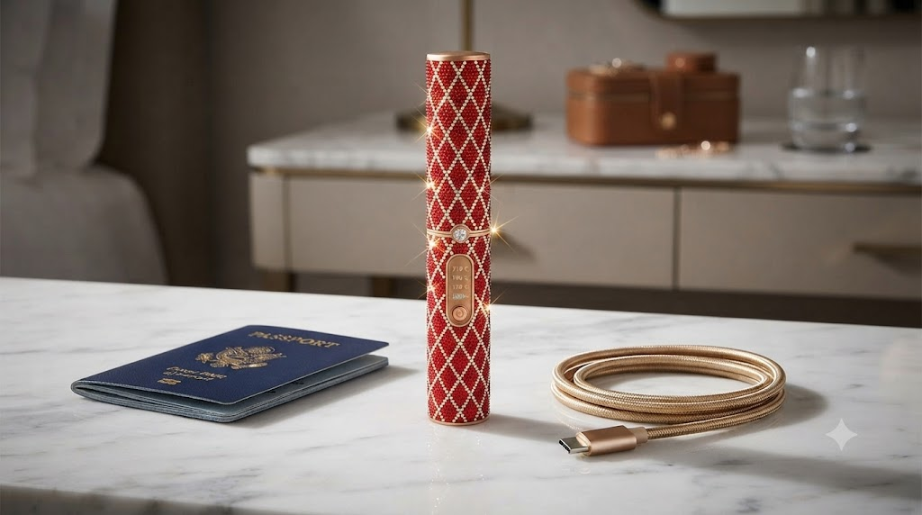 Premium cordless hair straightener on a marble surface next to a passport and USB-C cable