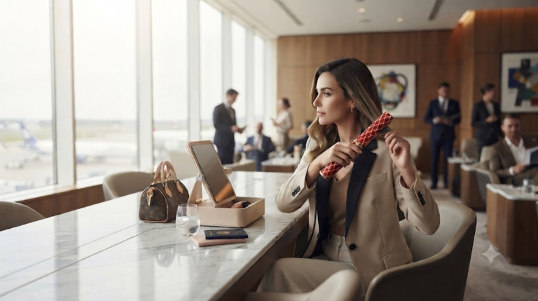A woman styling her hair with a cordless iron in a bright, modern airport lounge