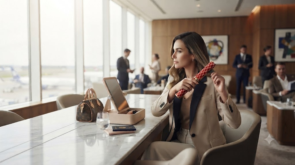 A woman styling her hair with a cordless iron in a bright, modern airport lounge