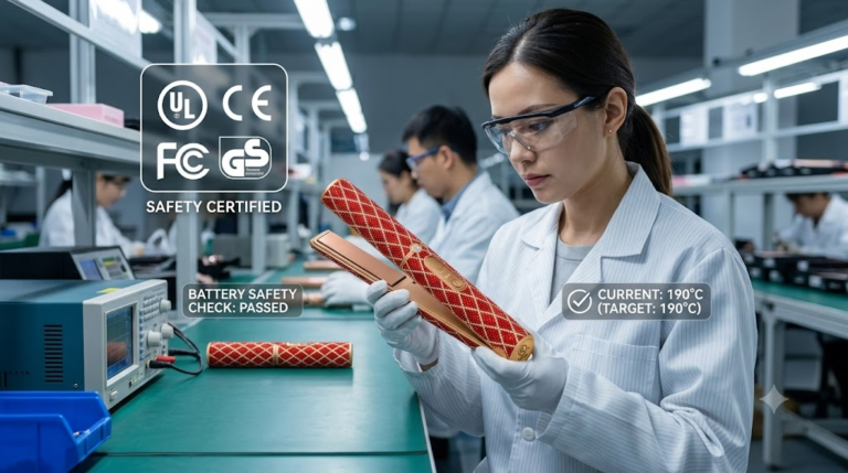 Professional factory quality control inspector examining a cordless hair straightener with safety certificate icons overlay