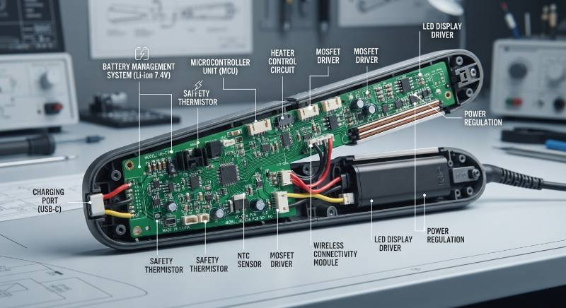 Technical schematic of a cordless hair straightener PCB