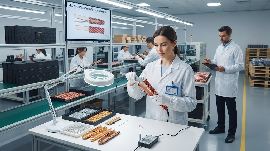 A professional inspector performing a factory audit on hair tools