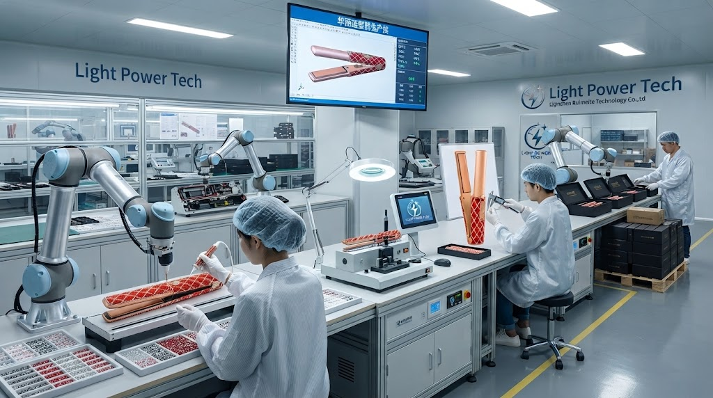 Modern hair straightener factory assembly line with robotic arms and quality control stations