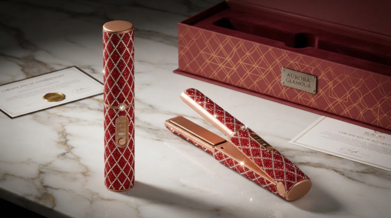 High-end cordless hair straightener on a marble surface with premium packaging