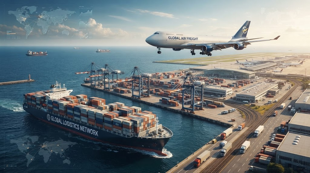 Cargo ship and airplane representing global logistics and shipping