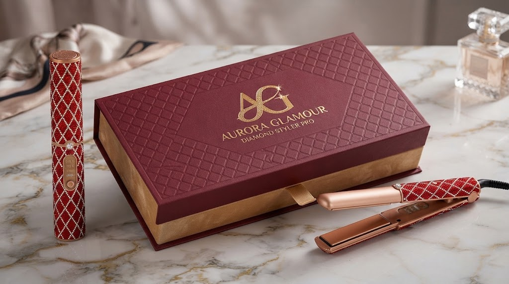 Luxury packaging box for a hair straightener with gold foil logo