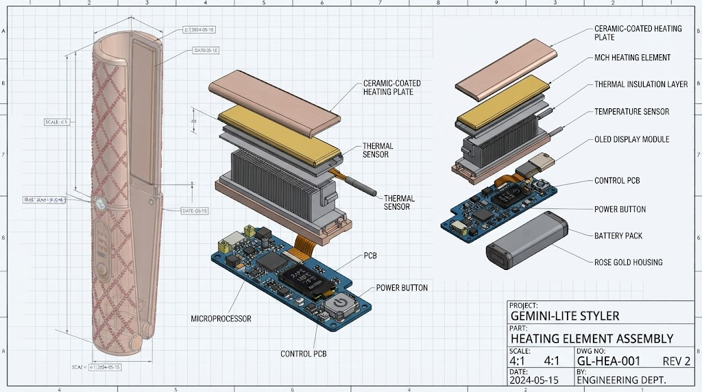 3D CAD drawing of a hair straightener heating element