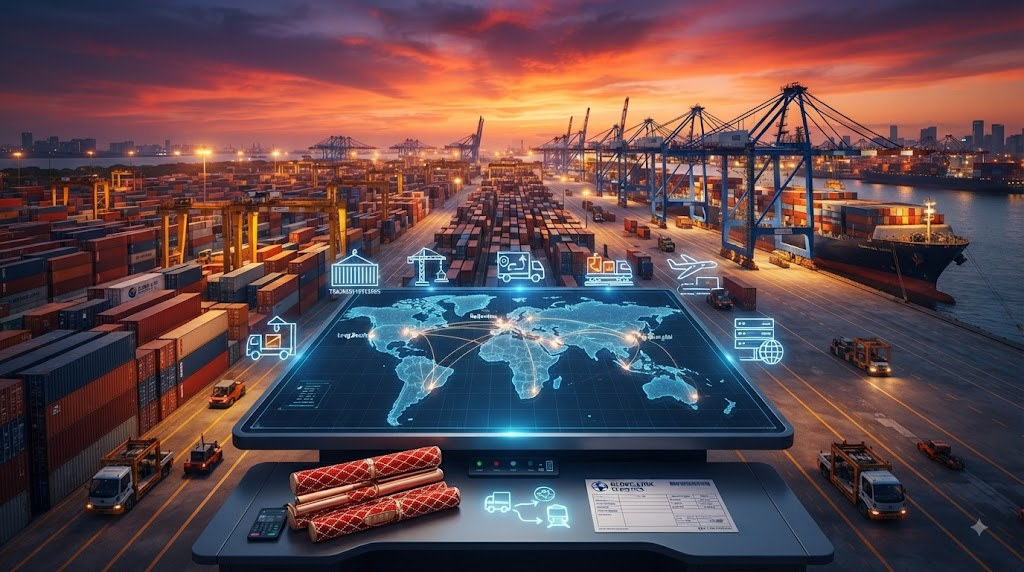 Global shipping container port at sunset with logistics icons