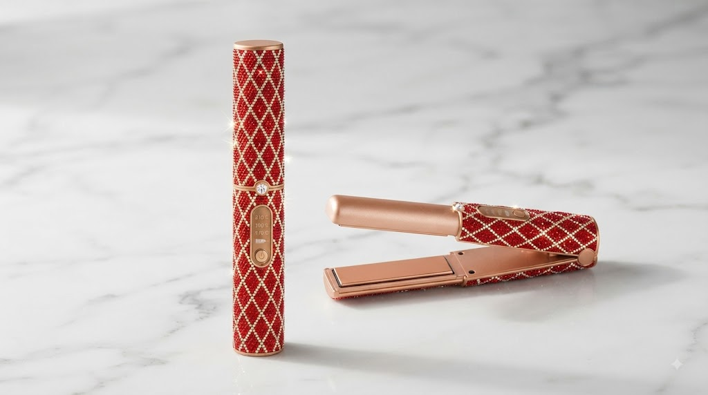 Premium cordless hair straightener on a minimalist marble background