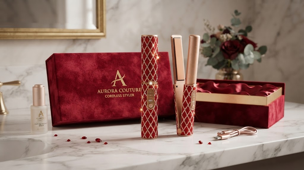Professional cordless hair straightener on a marble countertop with luxury packaging