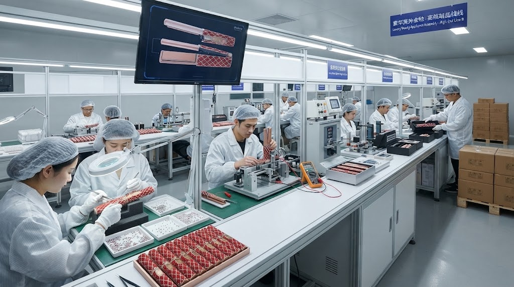 Factory production line for hair straighteners