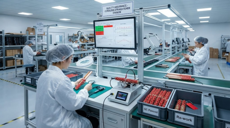 Modern Cordless hair straightener factory production line showing quality control inspection