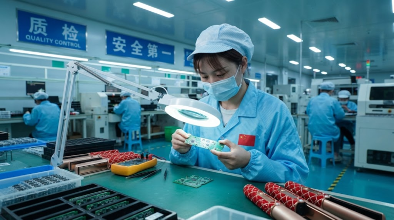 China Factory assembly line worker inspecting hair straightener PCB board
