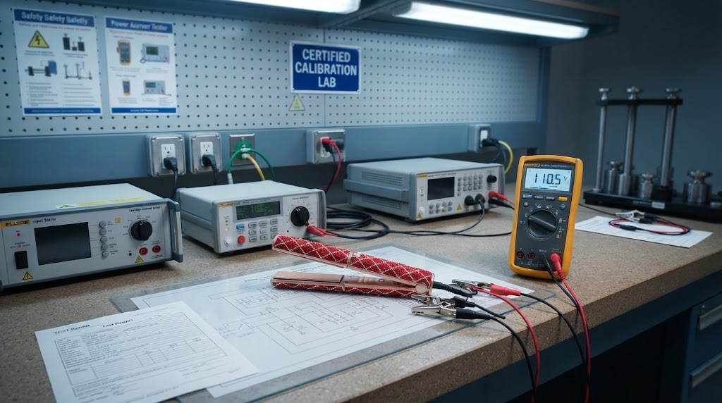 Electrical safety testing lab with multimeter and straightener